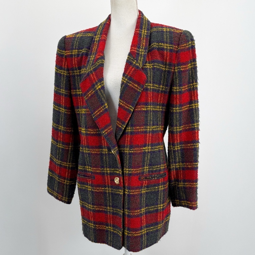 SK & Company Womens Plaid Tweed Wool Blend Blazer‎ Jacket Red Green Sz 12 Winter